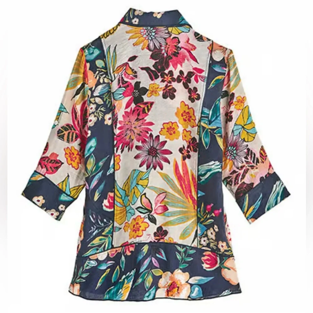 Floral patchwork blouse button down shirt tunic tropical Signals Funsport medium